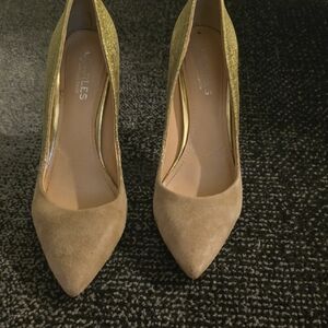 Charlies Glamorous Gold and Tan Heels